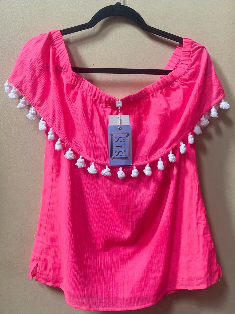 NWT Sail to Sable Off The Shoulder Crinkle Cotton Pom Pom Top Neon Pink Sz M